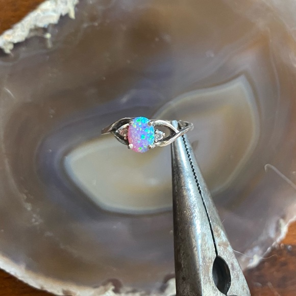 Antique Genuine Opal & Diamond Ring Stamped 925 Sterling Silver - Picture 14 of 15